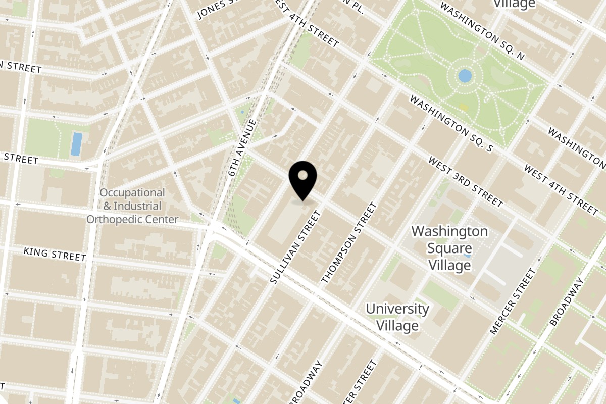 Map showing the location of The Pizza Box NY on 176 Bleecker St in New York